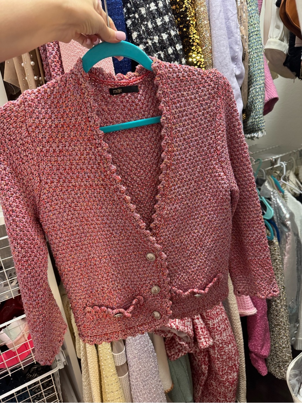 Maje Pink Textured V-Neck Buttoned Cardigan - Picture 2 of 4